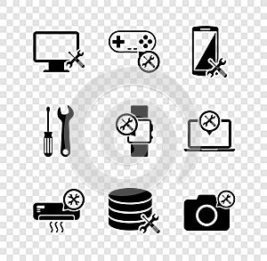 Set Computer monitor service, Gamepad, Smartphone, Air conditioner, Database server, Photo camera, Screwdriver and