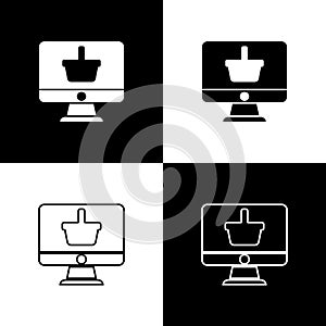 Set Computer monitor with shopping basket icon isolated on black and white background. Online Shopping cart. Supermarket