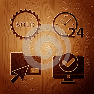 Set Computer monitor, Sold label, Cursor click document folder and Clock 24 hours on wooden background. Vector