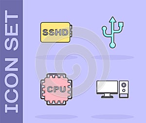 Set Computer monitor, SSHD card, Processor with CPU and USB icon. Vector