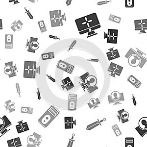 Set Computer monitor, Sword for game, Create account screen and Computer on seamless pattern. Vector
