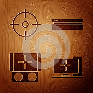 Set Computer monitor, Target sport, Portable video game console and Video game console on wooden background. Vector