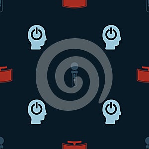 Set Computer monitor, VR controller game and Power button on seamless pattern. Vector