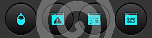 Set Computer mouse, Browser with exclamation mark, Software and Binary code icon. Vector