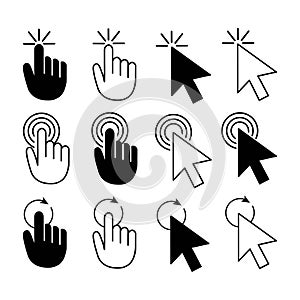 Set of computer mouse cursor pointers. Mouse cursor click icons. Pointer cursor arrow and hand. Vector illustration