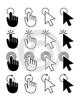 Set of computer mouse cursor pointers. Mouse cursor click icons. Pointer cursor arrow and hand. Vector illustration