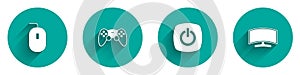 Set Computer mouse, Game controller or joystick, Power button and monitor icon with long shadow. Vector