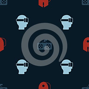 Set Computer mouse, Game controller or joystick and Virtual reality glasses on seamless pattern. Vector