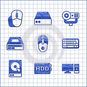 Set Computer mouse, Hard disk drive HDD, monitor, Keyboard, Optical disc, Web camera and icon. Vector