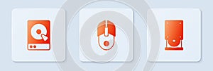 Set Computer mouse, Hard disk drive HDD and Optical disc. White square button. Vector