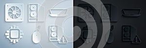 Set Computer mouse, Laptop, Processor with CPU, Case of computer, and cooler icon. Vector