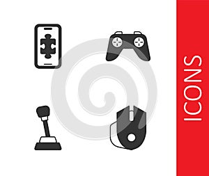 Set Computer mouse, Mobile gaming, Gear shifter and Game controller or joystick icon. Vector