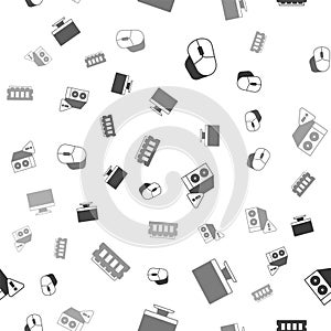 Set Computer mouse, monitor screen, Case of computer and RAM, random access memory on seamless pattern. Vector
