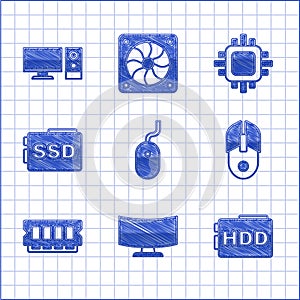Set Computer mouse, monitor screen, Hard disk drive HDD, RAM, random access memory, SSD card, Processor with CPU and