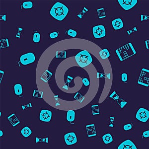 Set Computer mouse, Portable video game console, Target sport and Old hourglass on seamless pattern. Vector