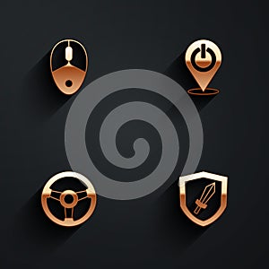 Set Computer mouse, Power button, Racing simulator and Sword for game icon with long shadow. Vector