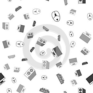 Set Computer mouse, RAM, random access memory, monitor screen and Case of computer on seamless pattern. Vector