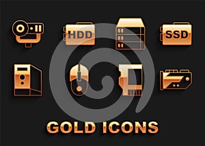 Set Computer mouse, SSD card, Video graphic, Case of computer, Server, Data, Web Hosting, camera and Hard disk drive HDD