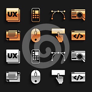 Set Computer mouse, UI or UX design, Front end development, Keyboard, Bezier curve, and Mobile Apps icon. Vector