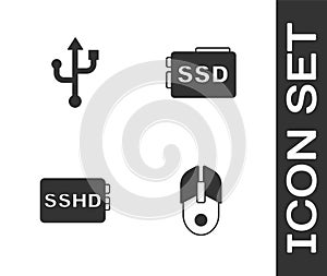 Set Computer mouse, USB, SSHD card and SSD icon. Vector