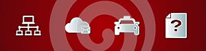 Set Computer network, Cloud mail server, Taxi car and Unknown document icon. Vector