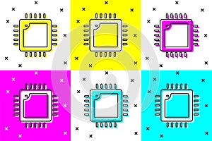 Set Computer processor with microcircuits CPU icon isolated on color background. Chip or cpu with circuit board. Micro