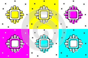 Set Computer processor with microcircuits CPU icon isolated on color background. Chip or cpu with circuit board. Micro