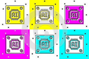 Set Computer processor with microcircuits CPU icon isolated on color background. Chip or cpu with circuit board sign