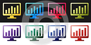 Set Computer screen with financial charts and graphs icon isolated on black and white background. Chart bars and