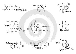 Set of concept 9 narcotic chemical formula icon label, text font vector illustration, isolated on white. Periodic element table,