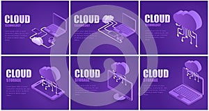 Set concept cloud storage. Vector illustration isometric cloud joined with modern smart devices.