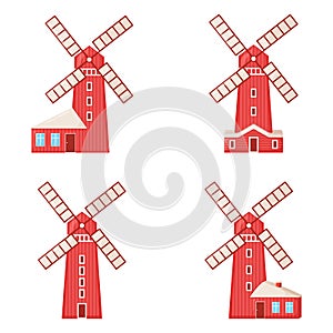 Set of concept country house red mill building, modern farm barn on green farm field plot cartoon vector illustration, isolated on