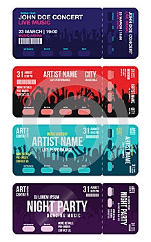 Set of concert ticket templates. Concert, party or festival ticket design template with people crowd on background