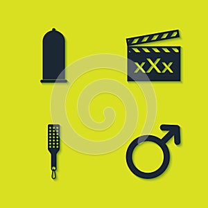 Set Condom safe sex, Male gender symbol, Spanking paddle and Movie clapper with Sex icon. Vector