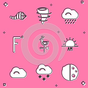 Set Cone meteorology windsock wind vane, Tornado, Cloud with rain, Fahrenheit, Rooster weather, Sunrise, and snow icon