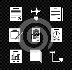 Set Confirmed document and check mark, Plane with shield, Contract pen, Document graph chart, Clean paper, Judge gavel