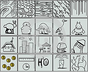 The set consists of squares, inside which there are animals, patterns, houses, coins.