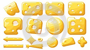 The set consists of yellow round, square, rectangular empty frames, menu and play bars, arrows, and crosses isolated on