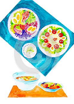 Set of consomme,scallop soup in a saucepan,salad with eggs,seafood and red caviar. Watercolor illustration isolated on white