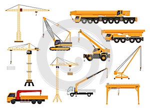 Set of construction cranes in flat style. Trucks with cranes, crawler tractors and cars with cranes vector illustration photo