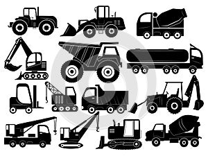 Set of construction equipment. Collection of silhouettes of working equipment and cars. Black white vector illustration