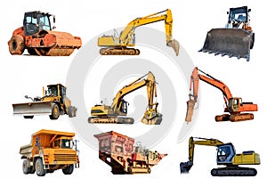 Set of construction equipment: Excavator, Dozer, Soil Compactor, Mining Truck, Motor Grader, Breaker Hammer, Jackhammer, Crusher