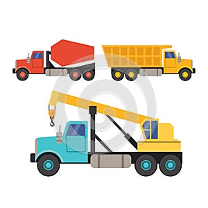 Set of construction equipment in the flat style. crane, truck and concrete mixer