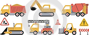 set of construction equipment. Special machines for the construction work. Forklifts, cranes, excavators, tractors, bulldozers,