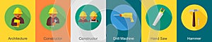 A set of 6 construction icons as architecture, constructor, drill machine