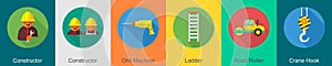 A set of 6 construction icons as constructor, drill machine, ladder