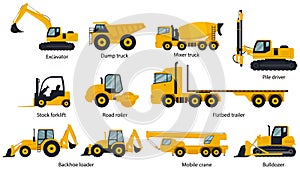 Set of Construction machines. Heavy machinery for Excavator, Dump, truck, Mixer, truck, Pile, driver, Stock, forklift