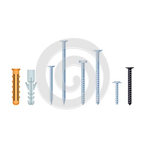 Set of construction screws, nails, bolts, plastic dowels.