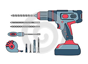 A set of construction tools. Drilling machine, drill, screwdriver, self-tapping screw, dowel, tape measure. Power tool