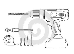 A set of construction tools. Drilling machine, drill, screwdriver, self-tapping screw, dowel, tape measure. Power tool